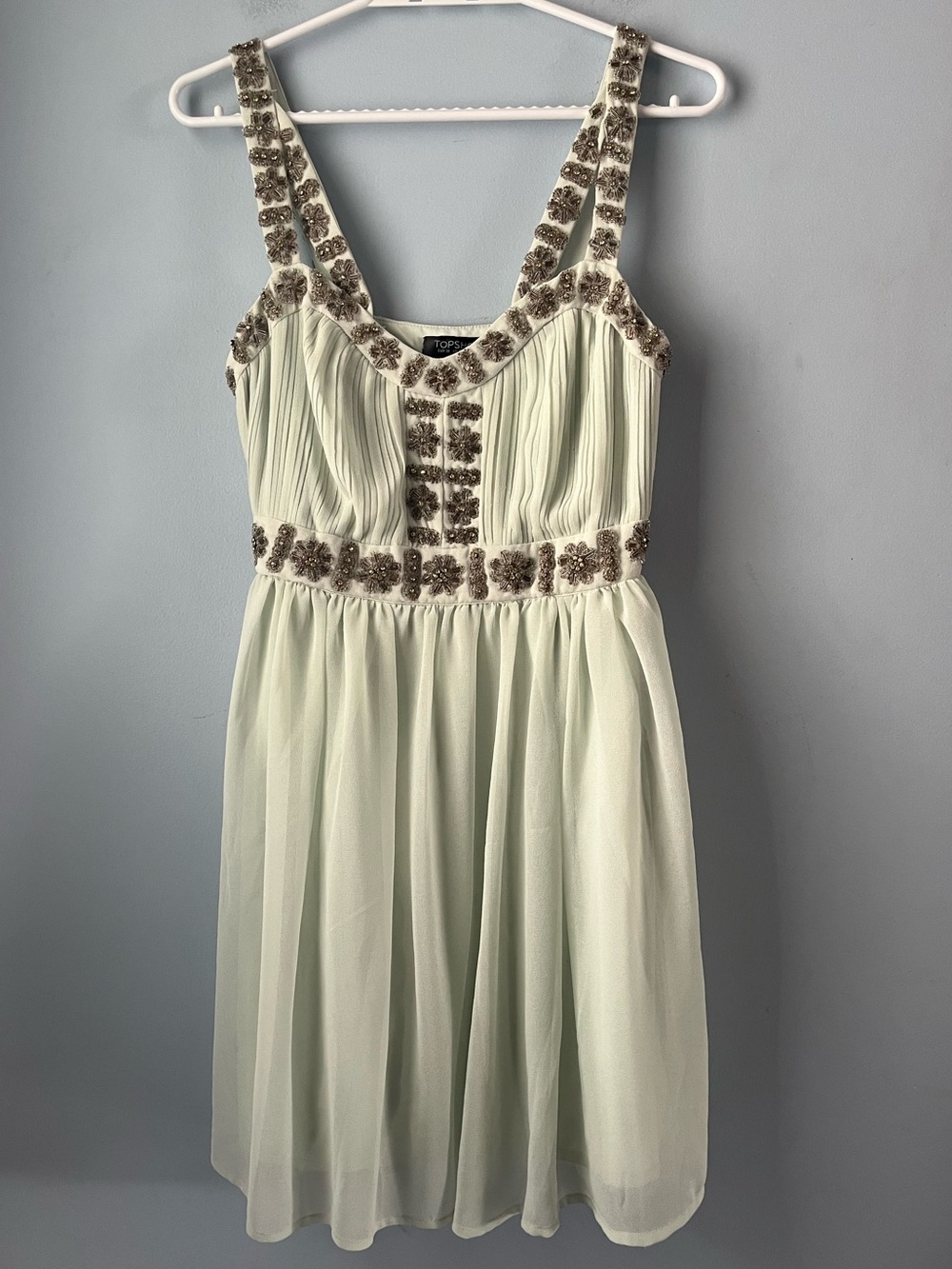 NWT Topshop Pale Mint Bead Embellished Fit & Flare Chiffon Party Dress Size 6